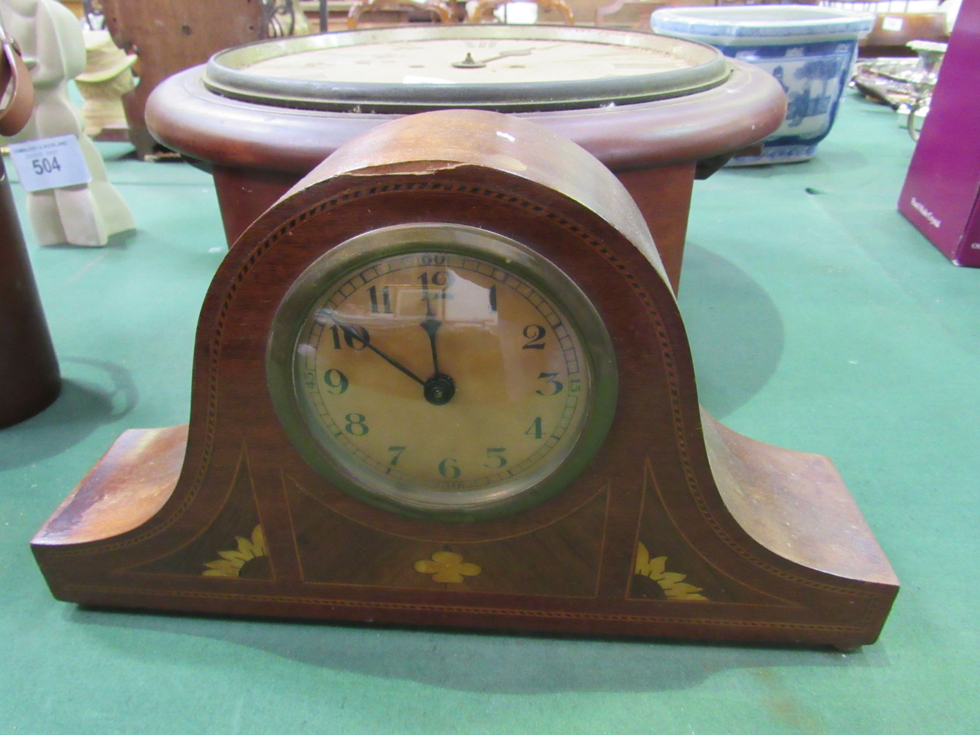 Inlaid mahogany case mantel clock and a wall dial clock in need of restoration. Estimate £20-40. - Image 2 of 6