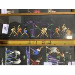 6 Framed and glazed ethnic paintings on black paper, frames as found. Estimate £10-20.