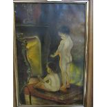 Early oil on canvas of 2 children, ""After the bath"" signed J. Lenders 1946 (Dutch), after the