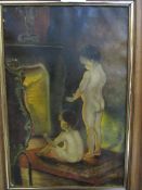 Early oil on canvas of 2 children, ""After the bath"" signed J. Lenders 1946 (Dutch), after the