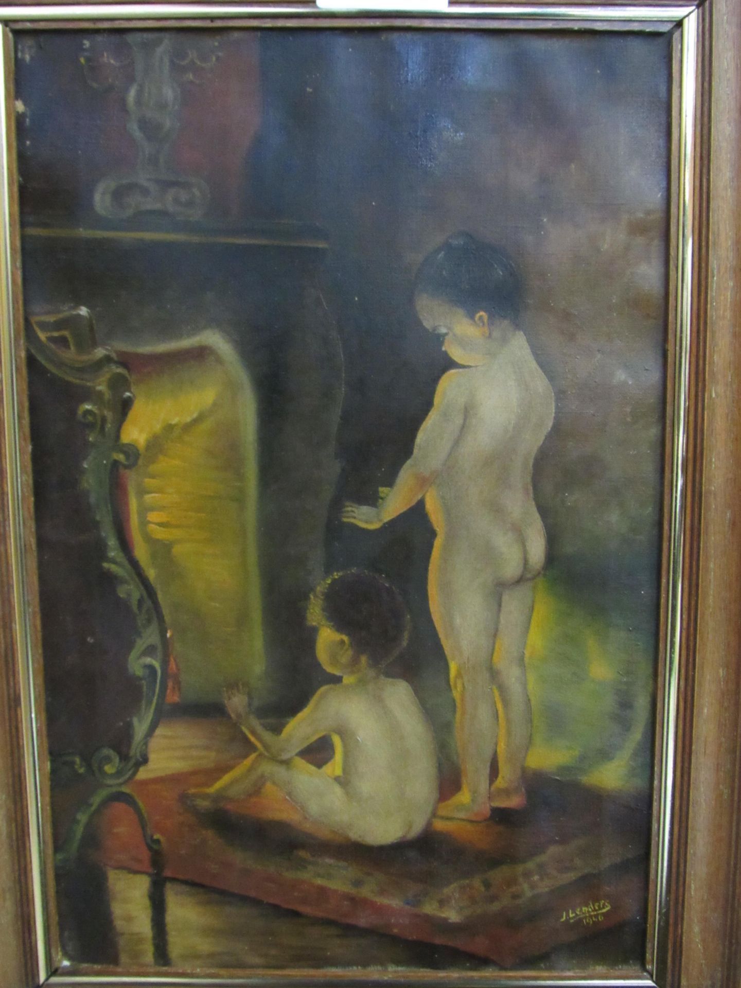 Early oil on canvas of 2 children, ""After the bath"" signed J. Lenders 1946 (Dutch), after the