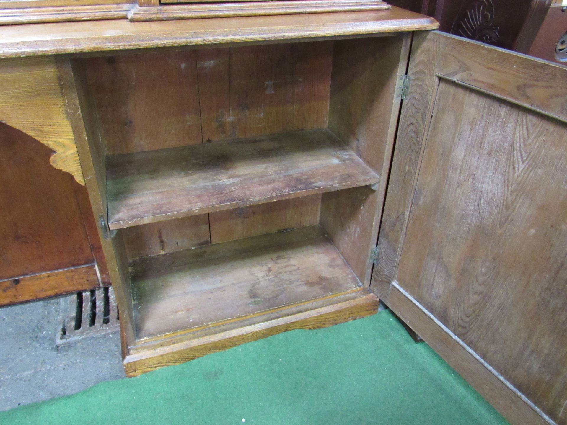 Oak glass top display cabinet with mirror and 2 cupboards to base. 210 x 42 x 236cms. Estimate £50- - Image 3 of 6