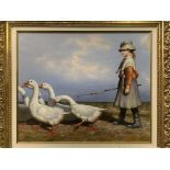 After J Guthrie. Framed oil on canvas of a girl herding geese, signed Van Gelder. 50 x 66cms.