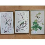 3 Chinese watercolours on silk of birds and flowers. Estimate £20-30.