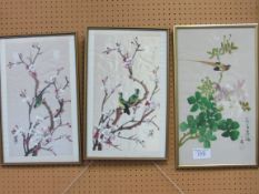 3 Chinese watercolours on silk of birds and flowers. Estimate £20-30.