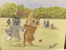 Louis Wain original watercolour of cats playing cricket, 17 x 22 cms. Estimate £400-450.