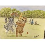 Louis Wain original watercolour of cats playing cricket, 17 x 22 cms. Estimate £400-450.