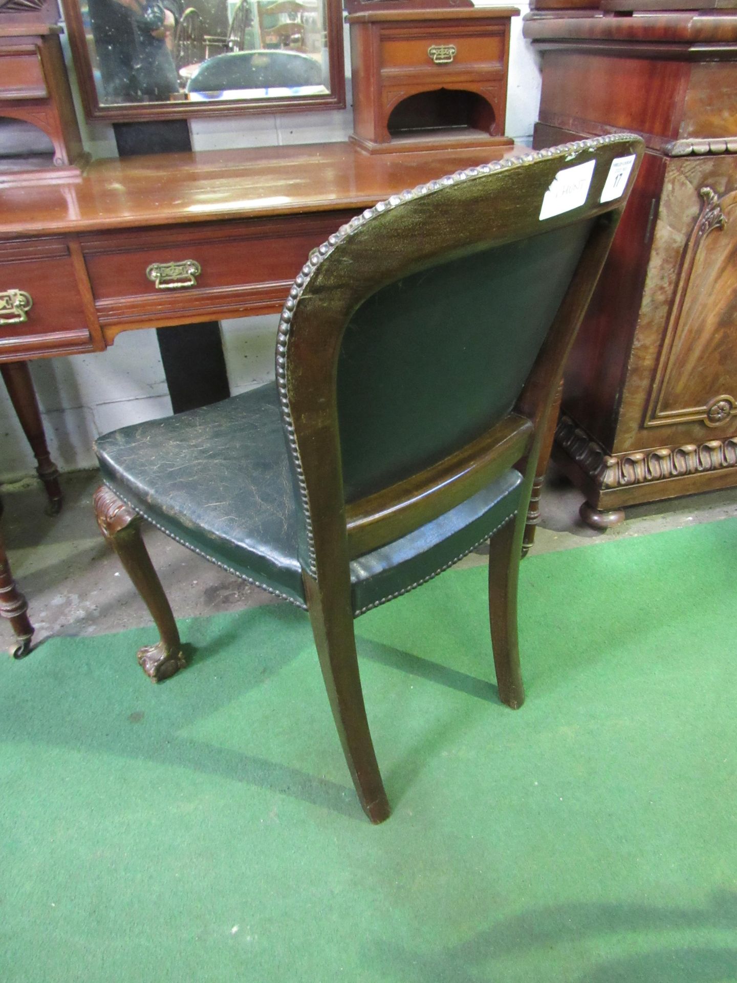 Green leather upholstered chair on ball and claw feet at front. Estimate £30-50. - Image 3 of 3