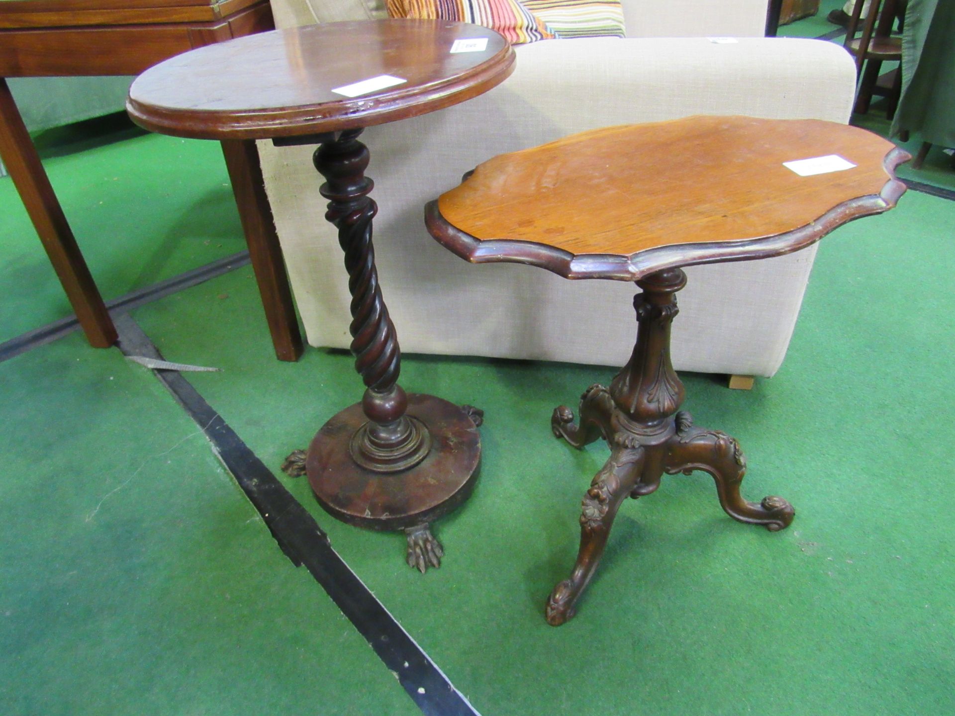 Mahogany wine table on twisted bine support, Rosewood occasional table on 4 column support, shaped