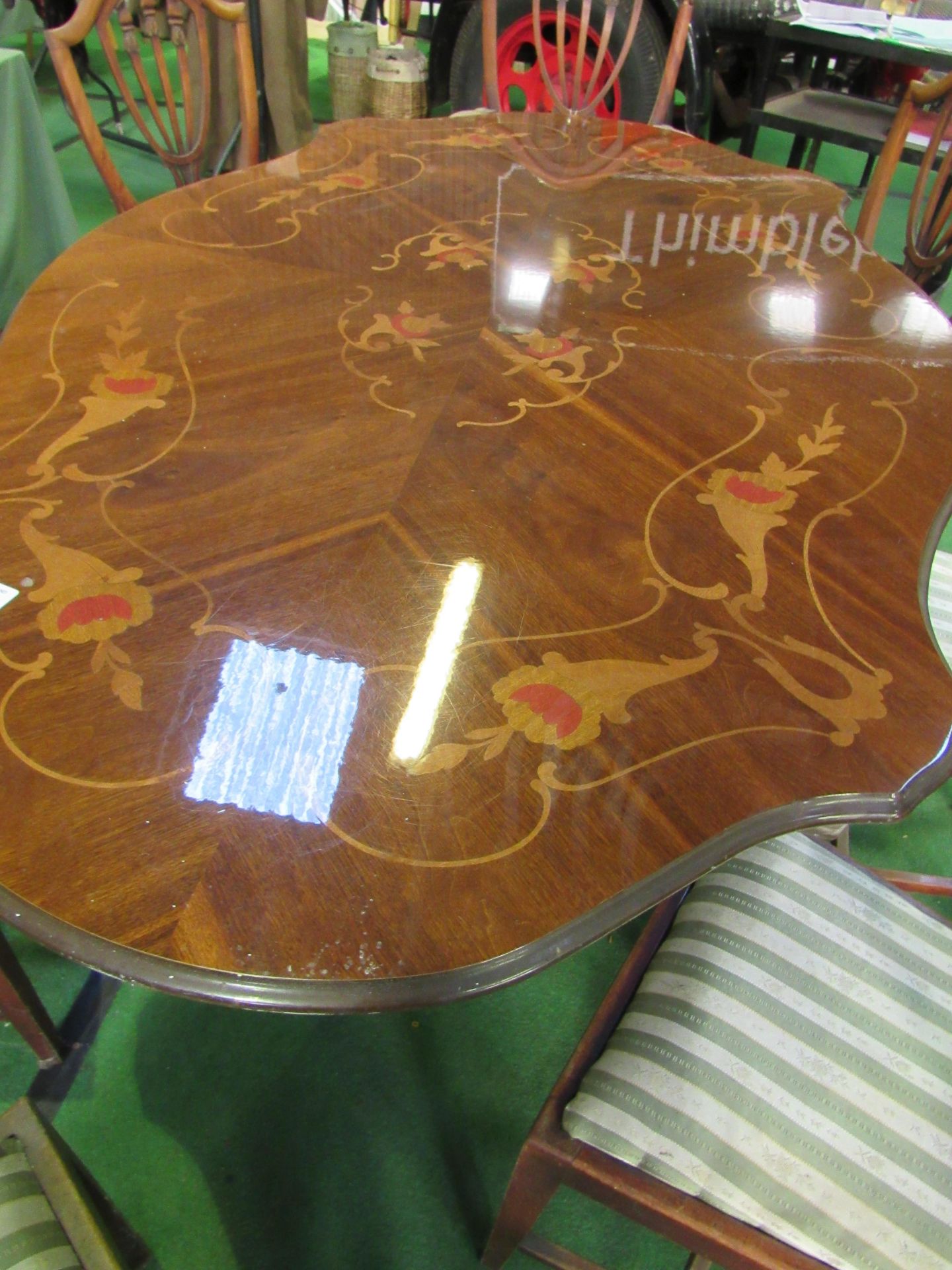 Shaped sided pedestal dining table with decorative inlaid top, 173 x 106 x 82cms. Estimate £10-20 - Image 2 of 3