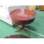 2 mahogany small drum side tables on pedestal legs. Estimate £10-20.