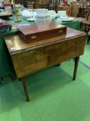 Oak drop-side table with drawer to one end, 98 (open) x 87 x 74cms. Estimate £20-30.