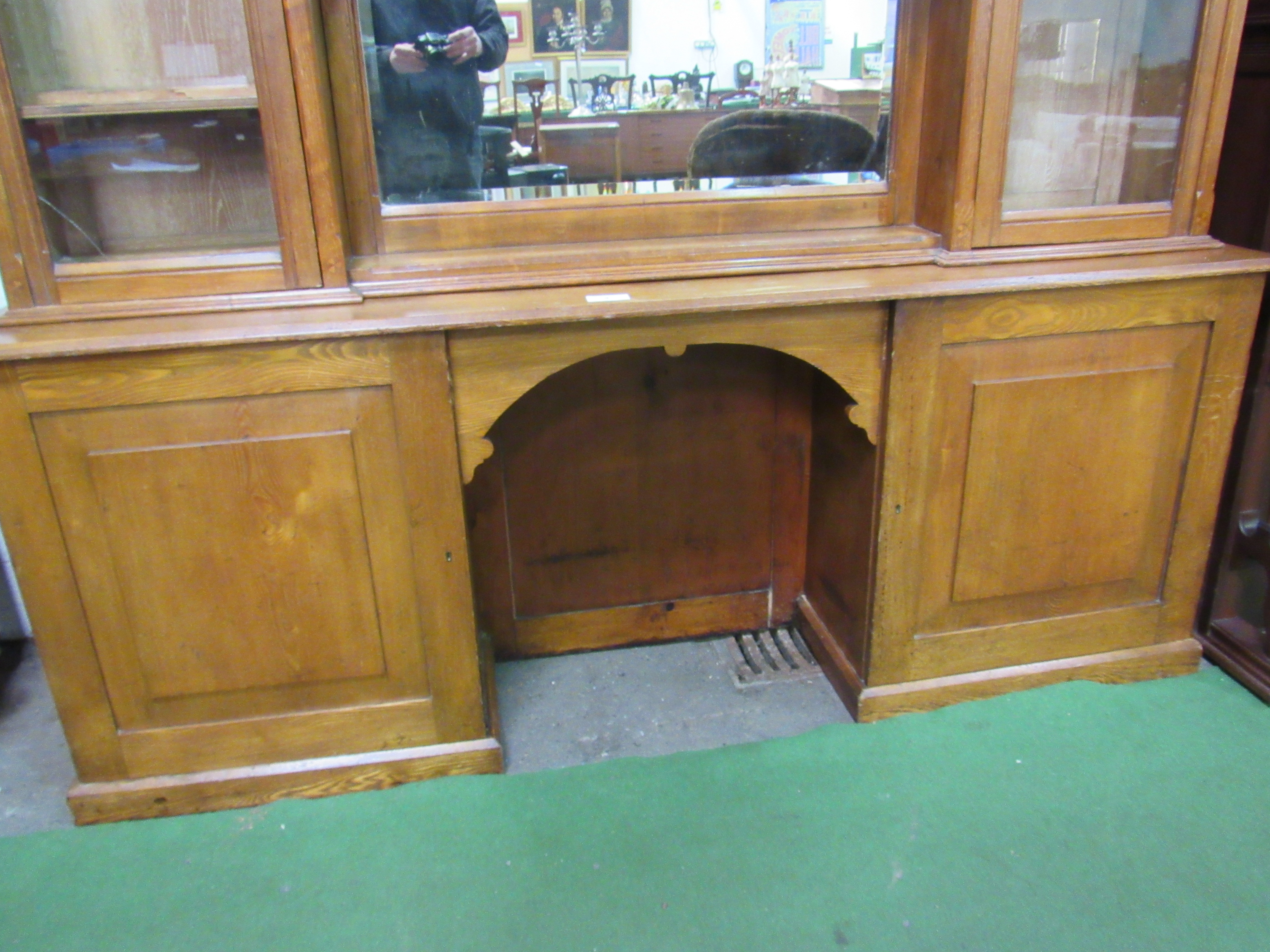 Oak glass top display cabinet with mirror and 2 cupboards to base. 210 x 42 x 236cms. Estimate £50- - Image 2 of 6