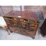 Upholstered stool; oriental style cabinet, as found, and shaped occasional table.
