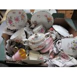 Box containing Royal Crown Derby cups and saucers and other; dressing table mirror.