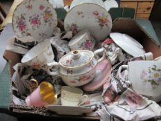 Box containing Royal Crown Derby cups and saucers and other; dressing table mirror.