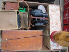 Writing box; skittle game and binoculars.