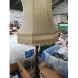 Mahogany twisted table lamp and shade, height 47cms.