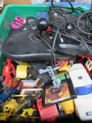 Box containing various toy cars; Transformers; Sega Mega Drive gaming console, control and Altered