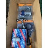 Drill bit sharpener; twin strap wrench; hammer; retractable change knife; box of 80 B22 lamp