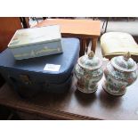 2 Chinese lidded pots; metal tin; small 1950's travel case.