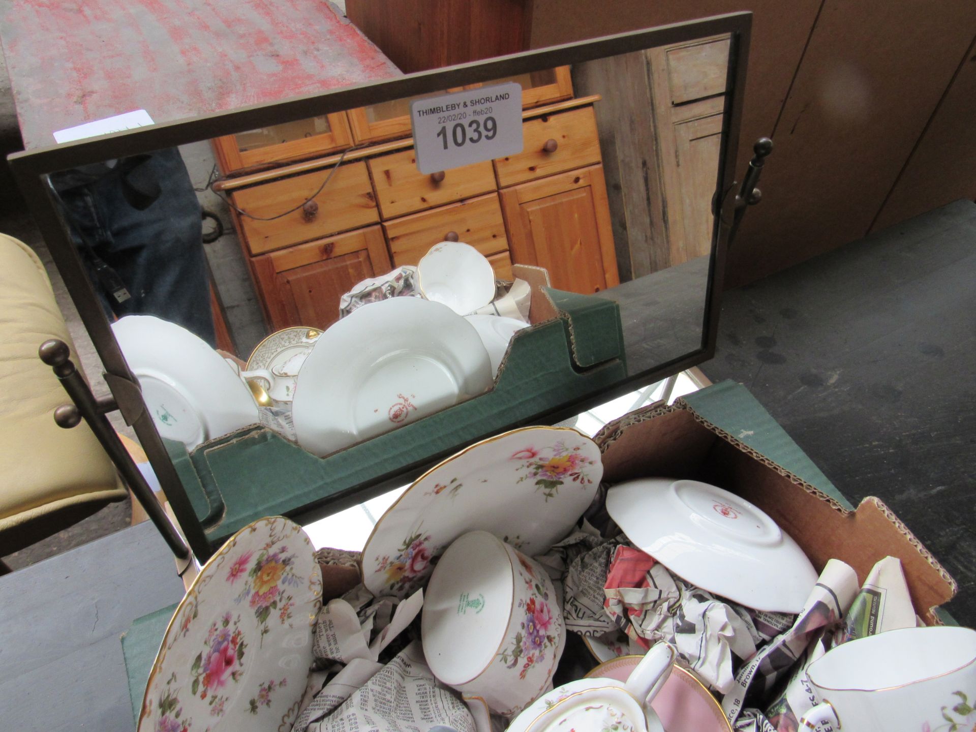 Box containing Royal Crown Derby cups and saucers and other; dressing table mirror. - Image 2 of 2