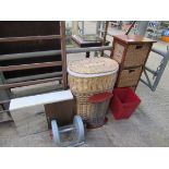 Linen basket; waste bin; 3 drawer storage unit and weights.