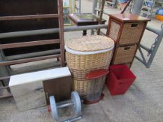 Linen basket; waste bin; 3 drawer storage unit and weights.