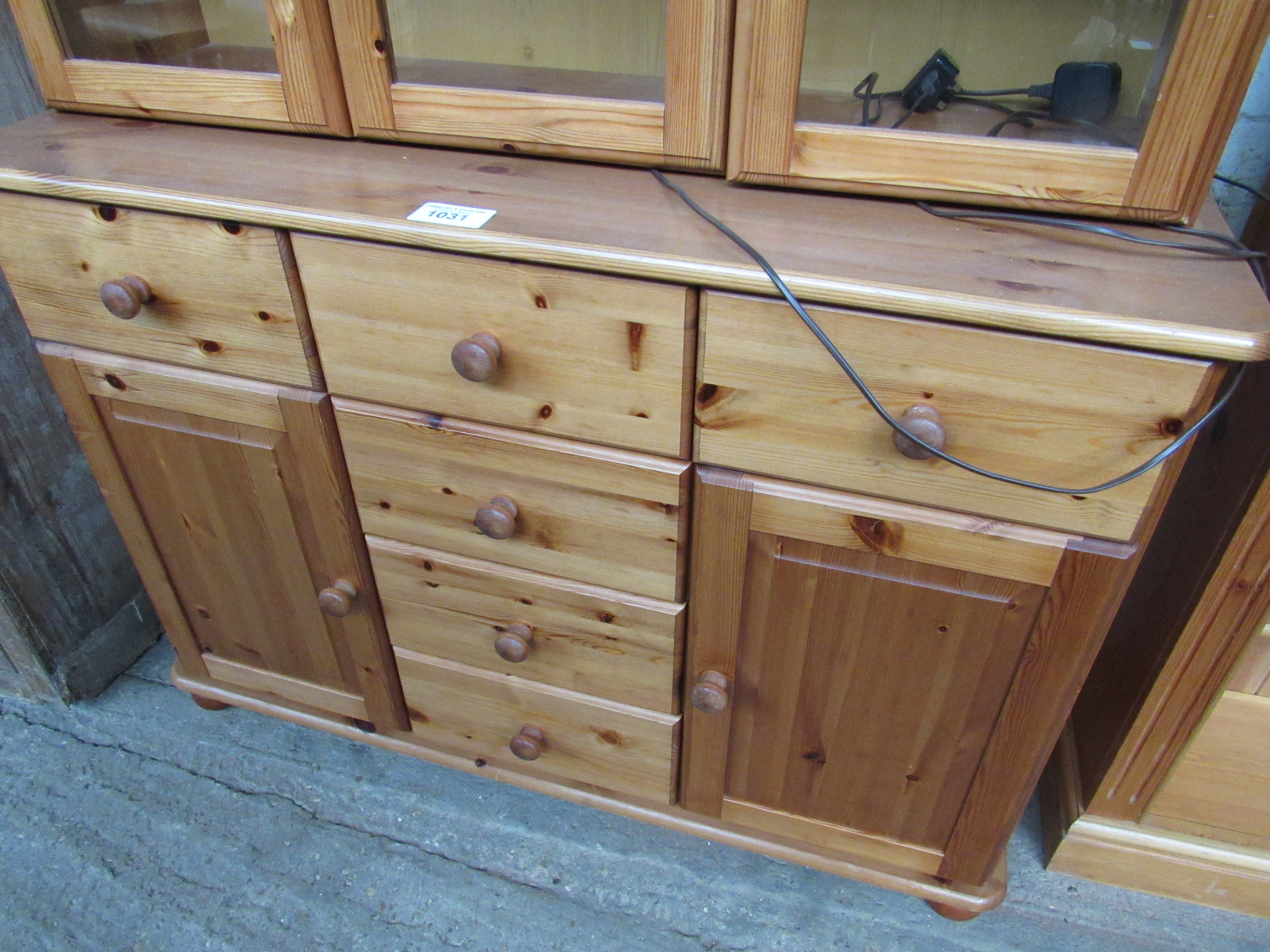 Pine glass top display cabinet with cupboard and drawers to base, 115 x 43 x 180cms. - Image 2 of 3