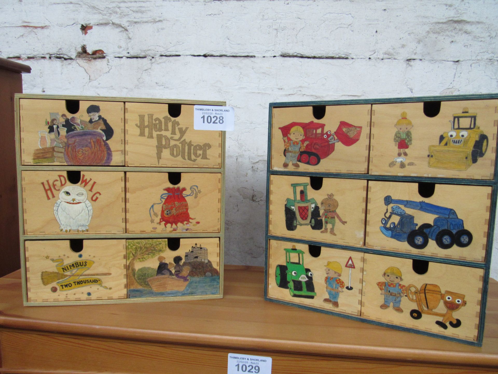 2 hand painted children's storage boxes, 31 x 19 x 32cms.
