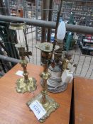 Two converted candle stick lamps and brass / marble lamp.