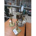 Two converted candle stick lamps and brass / marble lamp.