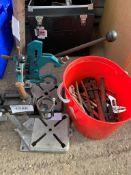 Red bucket containing approximately 40 pieces of pliers, cutters etc. and 2 drill stands.