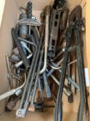 Box of approximately 20 car tools, wheel braces, extension bars, tyre levers etc.