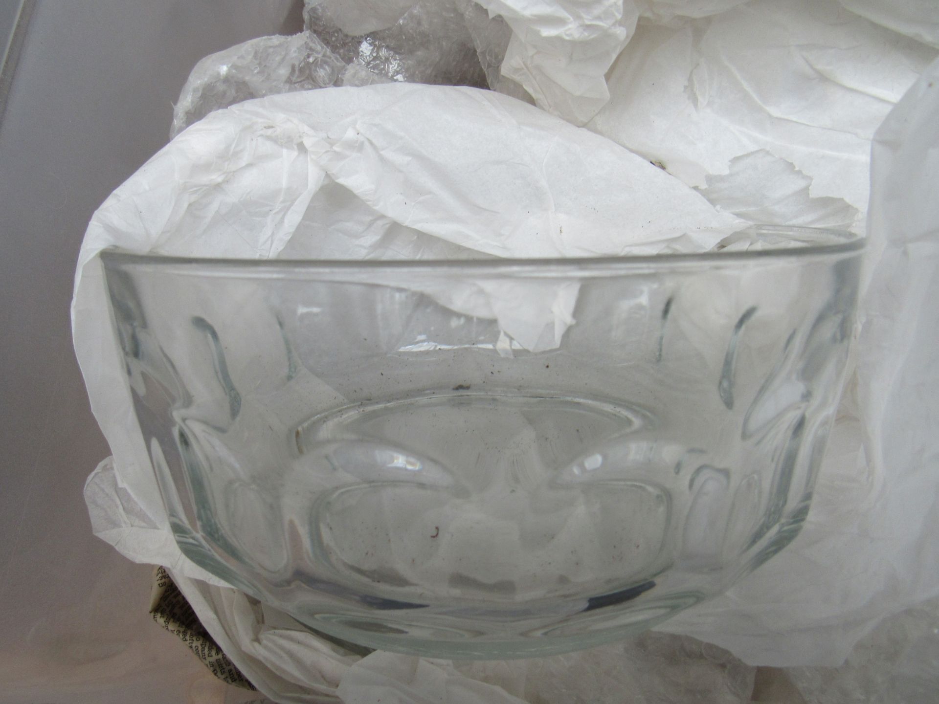 Box containing large oval bowls; glassware and earthenware.