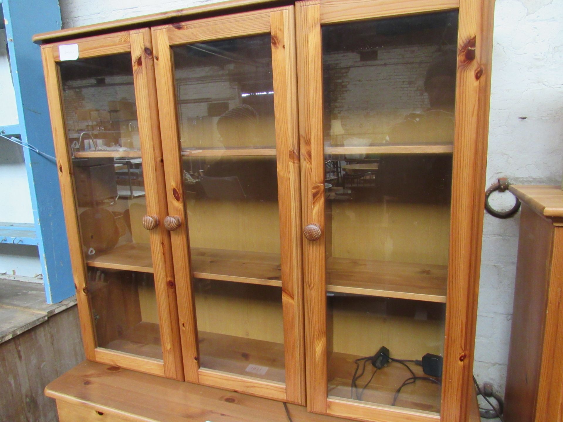 Pine glass top display cabinet with cupboard and drawers to base, 115 x 43 x 180cms. - Image 3 of 3