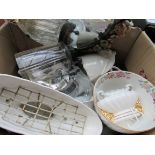 Box of mixed china and glass ware; 2 small decorative mirrors and a doll’s cot.