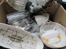 Box of mixed china and glass ware; 2 small decorative mirrors and a doll’s cot.