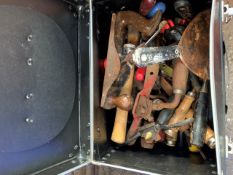 Box containing hand tools including hammers, pliers, chisels etc.