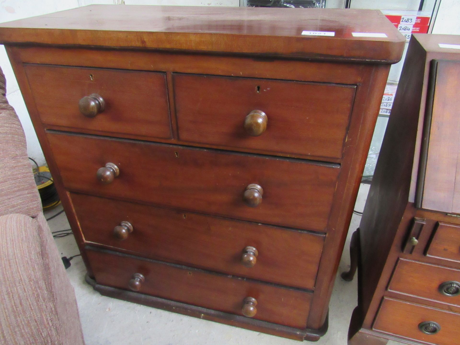 Mahogany 2 over 3 chest of drawers, 97 x 46 x 103cms.