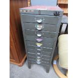 10 drawer metal filing cabinet, 28 x 41 x 74cms.