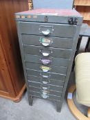 10 drawer metal filing cabinet, 28 x 41 x 74cms.