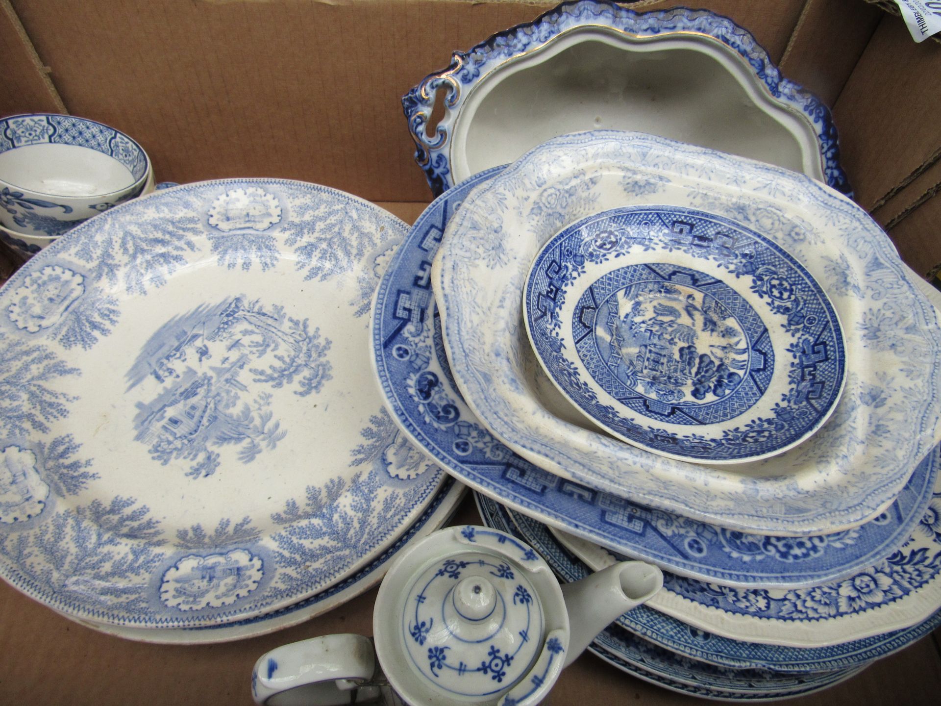 Box of Royal Doulton Lambeth stoneware dinner set; Box of various Blue/white china ware.