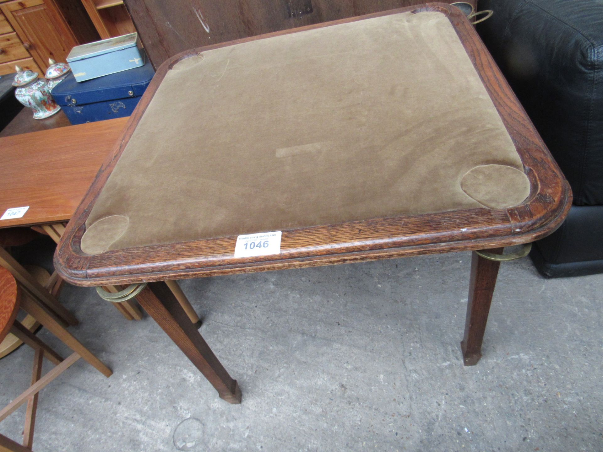 Oak framed folding card table complete with corner mounted ashtrays and drinks holder.