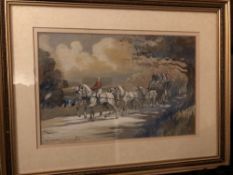 Framed and glazed watercolour of Lewis Priestman's Venture Coach, signed Tom Carr