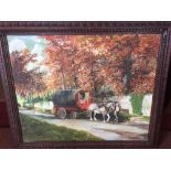 Large original oil painting entitled The Traveller, showing gypsies leaving hop picking in Alton,