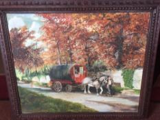 Large original oil painting entitled The Traveller, showing gypsies leaving hop picking in Alton,