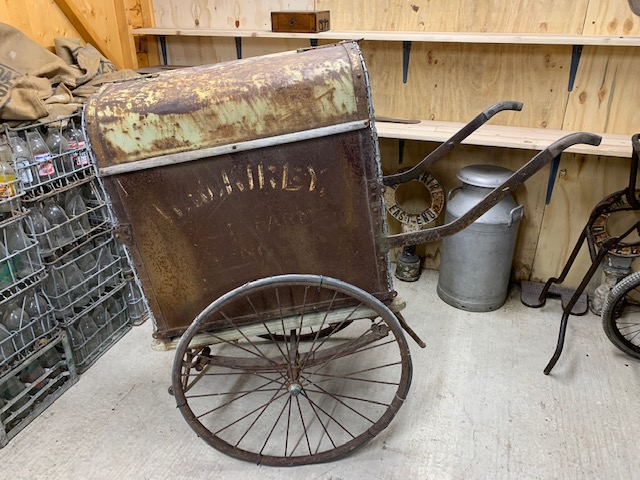 TWO-WHEEL METAL COVERED DAIRY CART on spoked wheels with iron treads. Fitted with carry handles - Image 2 of 2