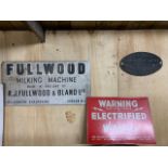 Advertising plaque - Fullwood Milking Machine and Dairy Equipment, and a sign advertising Wolsley