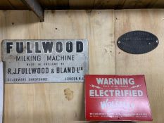 Advertising plaque - Fullwood Milking Machine and Dairy Equipment, and a sign advertising Wolsley
